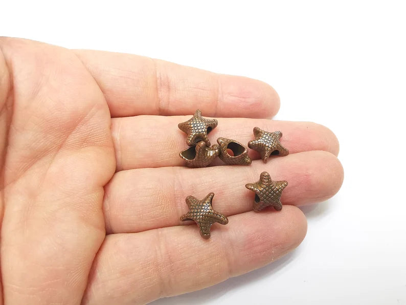 5 Starfish Beads, Copper Beads, Metal Beads, Bracelet Beads, Large Hole Beads, Necklace Beads, Antique Copper Plated Metal 13x12mm G35316