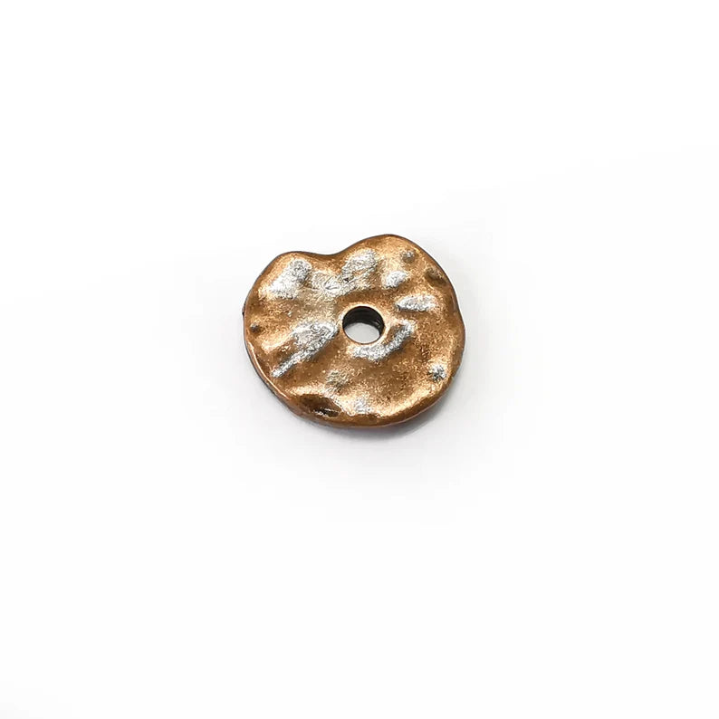 5 Wheel Bead, Hammered Disc, Perforated Connector, Round Jewelry Parts, Bracelet Component, Antique Copper Plated Metal Finding (15mm) G35135