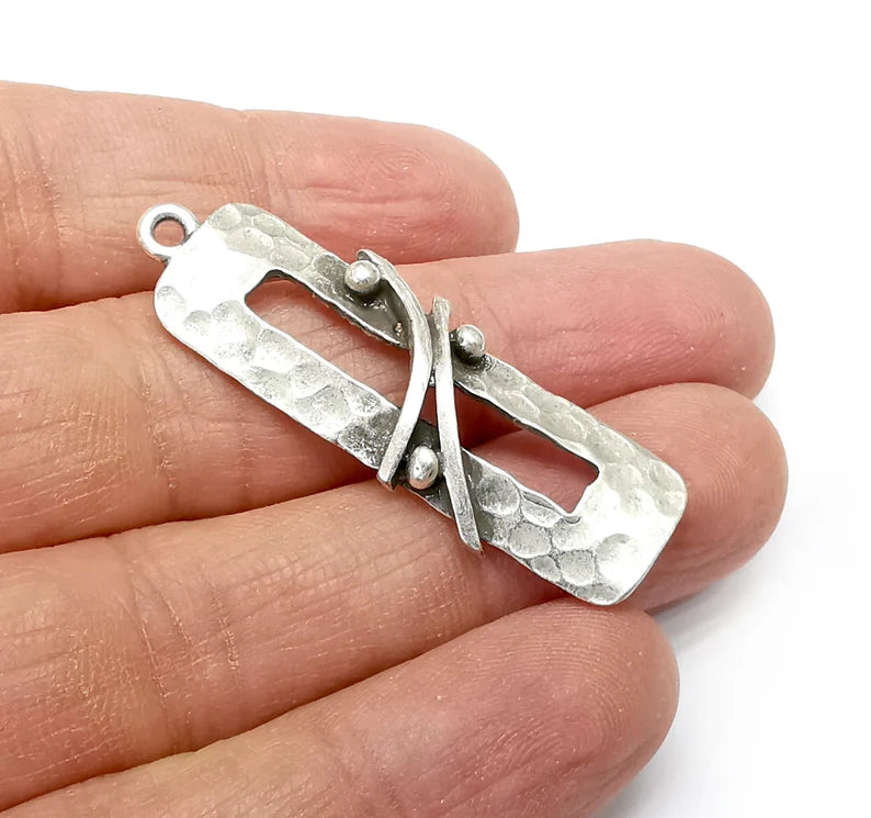 Hammered Charms, Rectangle Charms, Ethnic Earring Charms, Silver Rustic Pendant, Necklace Parts, Antique Silver Plated 47x15mm G35139