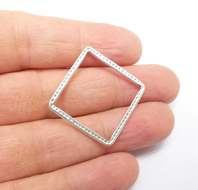 5 Silver Square Connector, Geometric Findings, Jewelry Parts, Silver Necklace Component, Antique Silver Plated Metal Findings (27mm) G35143