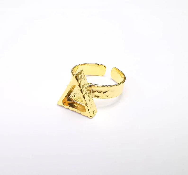 Gold Ring Setting, Cabochon Blank, Resin Bezel, Triangle Ring Mounting, Epoxy Frame Base, Adjustable Antique Gold Plated 8x8mm G35146