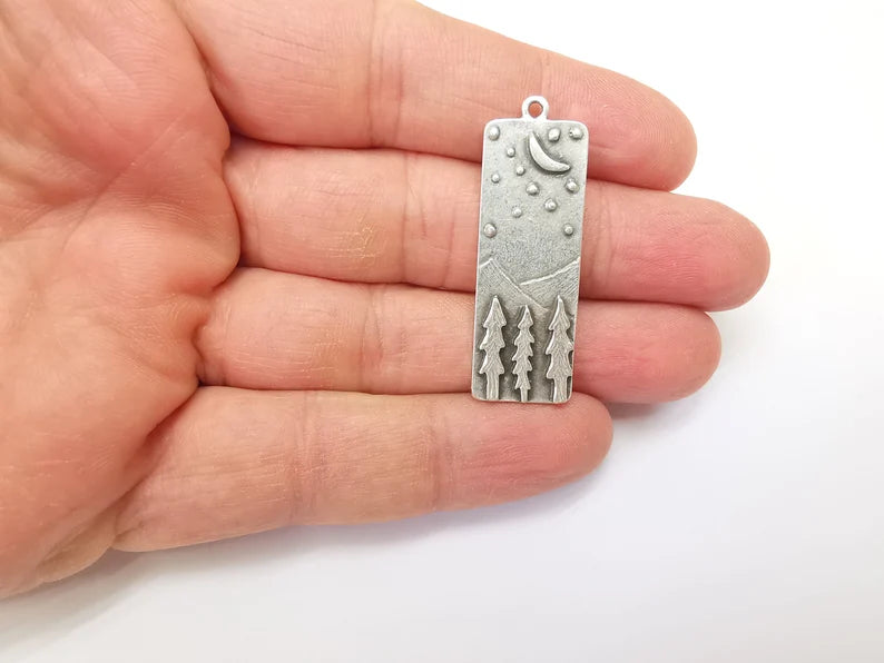 Landscape Charms, Moon and Star, Night Sky, Tree Mountain Charms, Forest Pendant, Earring Charms, Antique Silver Plated (43x14mm) G35152