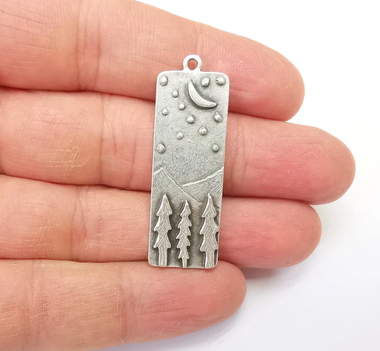 Landscape Charms, Moon and Star, Night Sky, Tree Mountain Charms, Forest Pendant, Earring Charms, Antique Silver Plated (43x14mm) G35152