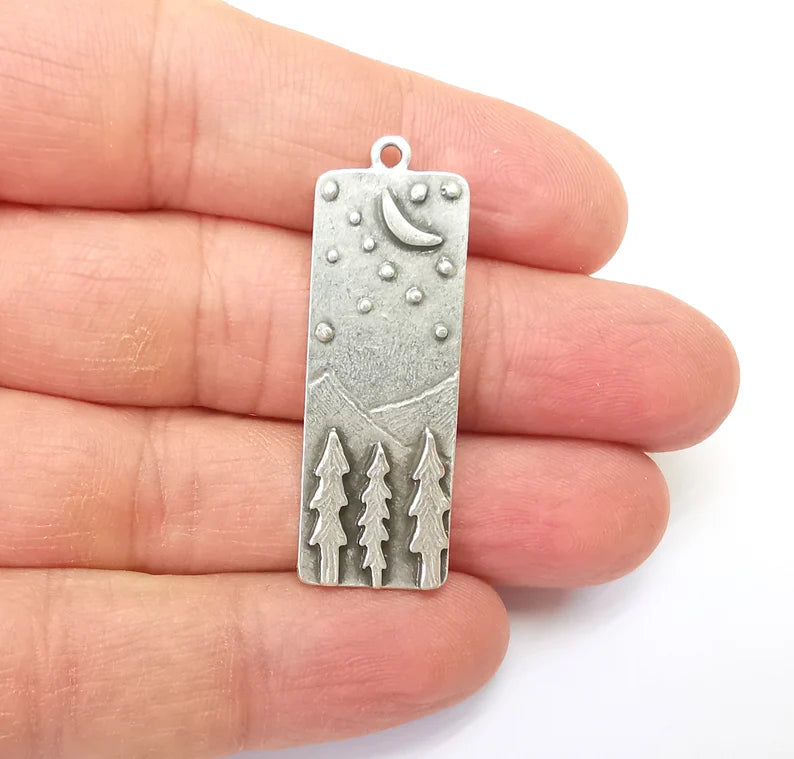 Landscape Charms, Moon and Star, Night Sky, Tree Mountain Charms, Forest Pendant, Earring Charms, Antique Silver Plated (43x14mm) G35152