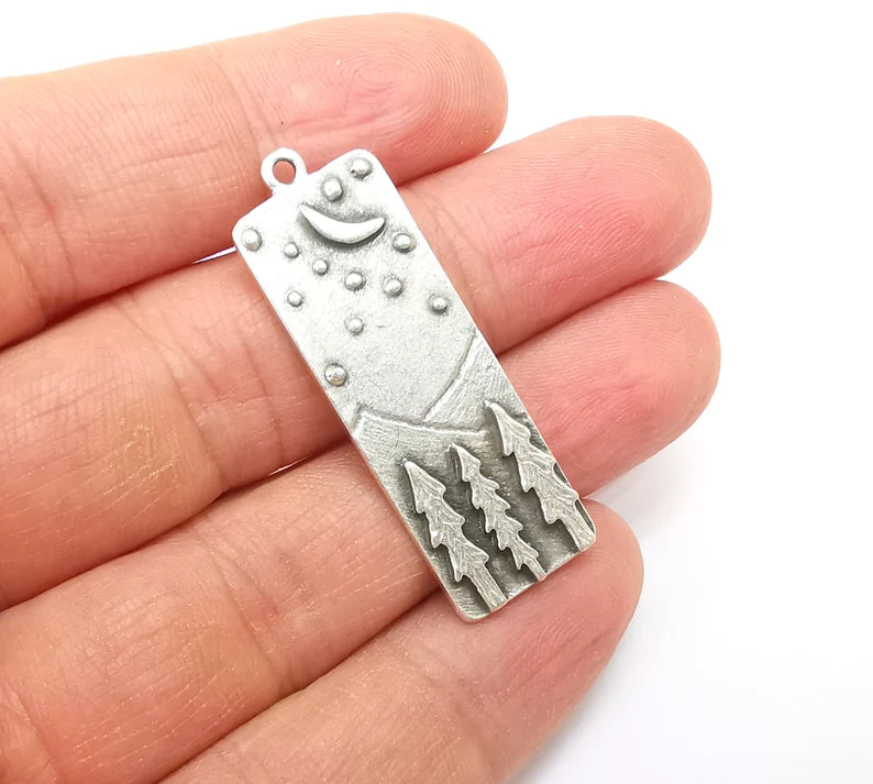 Landscape Charms, Moon and Star, Night Sky, Tree Mountain Charms, Forest Pendant, Earring Charms, Antique Silver Plated (43x14mm) G35152