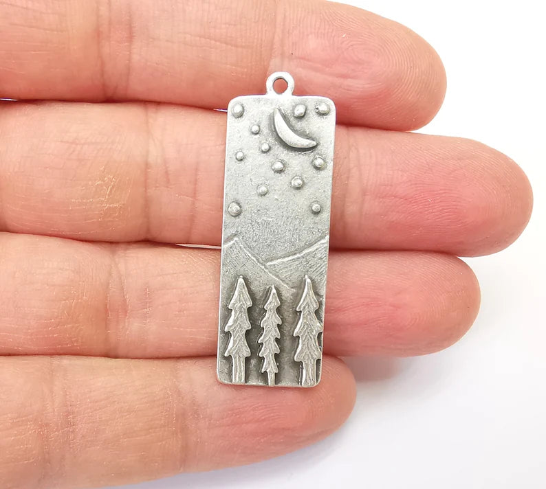 Landscape Charms, Moon and Star, Night Sky, Tree Mountain Charms, Forest Pendant, Earring Charms, Antique Silver Plated (43x14mm) G35152