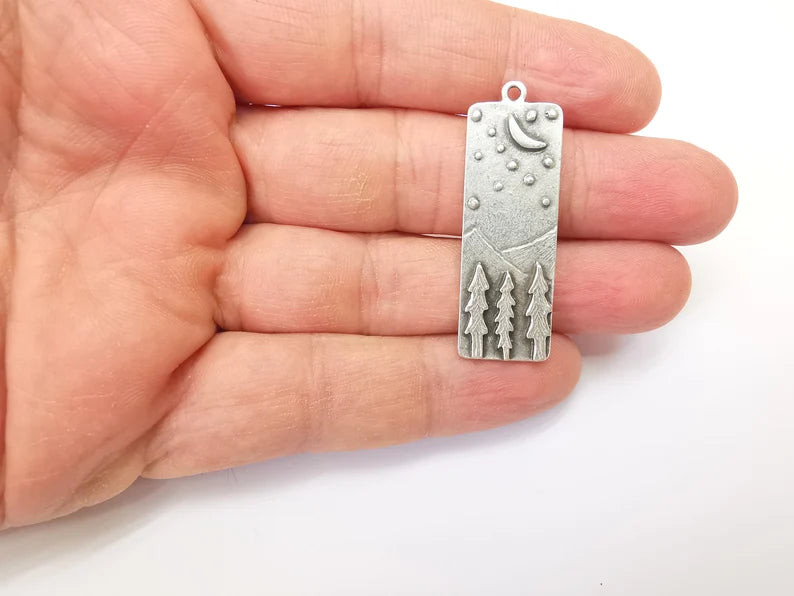 Landscape Charms, Moon and Star, Night Sky, Tree Mountain Charms, Forest Pendant, Earring Charms, Antique Silver Plated (43x14mm) G35152