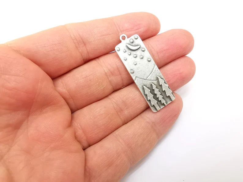 Landscape Charms, Moon and Star, Night Sky, Tree Mountain Charms, Forest Pendant, Earring Charms, Antique Silver Plated (43x14mm) G35152