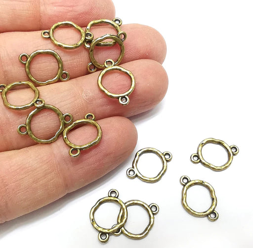 10 Circle Connector, Hammered Disc, Perforated Connector, Round Jewelry Parts, Bracelet Component, Antique Bronze Plated Metal 16x11mm G35331