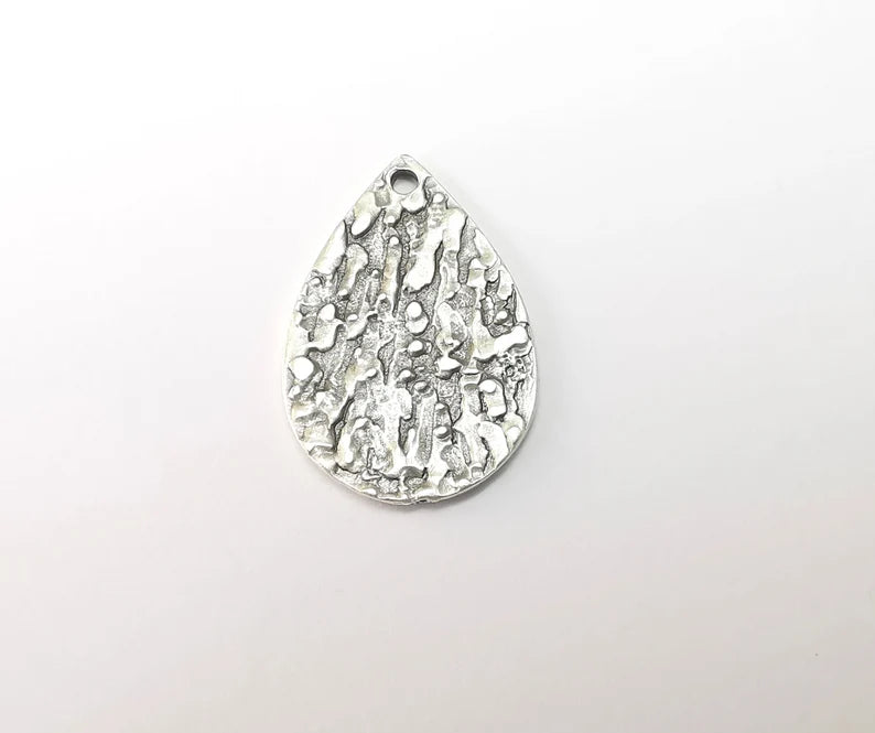 2 Drop Dangle Charms, Silver Boho Charms, Rustic Charms, Earring Charms, Silver Pendant, Necklace Parts, Antique Silver Plated 29x19mm G35156