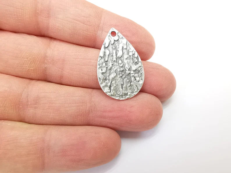 2 Drop Dangle Charms, Silver Boho Charms, Rustic Charms, Earring Charms, Silver Pendant, Necklace Parts, Antique Silver Plated 29x19mm G35156