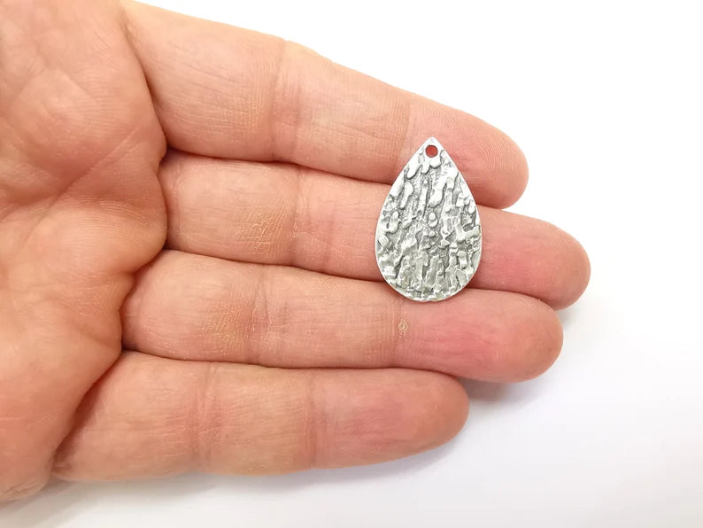 2 Drop Dangle Charms, Silver Boho Charms, Rustic Charms, Earring Charms, Silver Pendant, Necklace Parts, Antique Silver Plated 29x19mm G35156