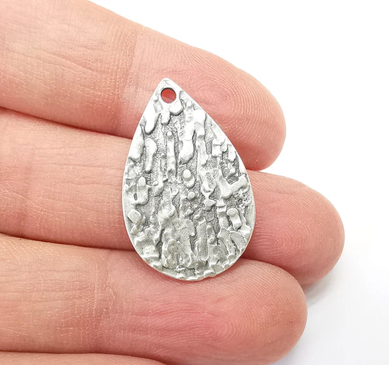 2 Drop Dangle Charms, Silver Boho Charms, Rustic Charms, Earring Charms, Silver Pendant, Necklace Parts, Antique Silver Plated 29x19mm G35156