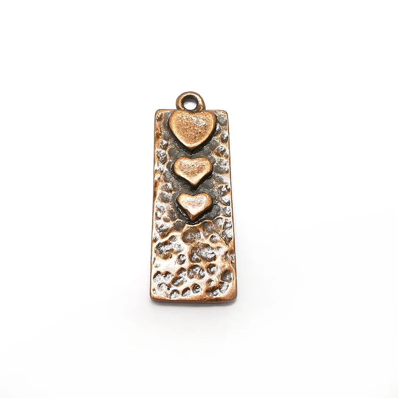 2 Copper Hearts Charms, Baroque Charms, Ethnic Earring Charms, Copper Rustic Pendant, Necklace Parts, Antique Copper Plated 34x12mm G35333