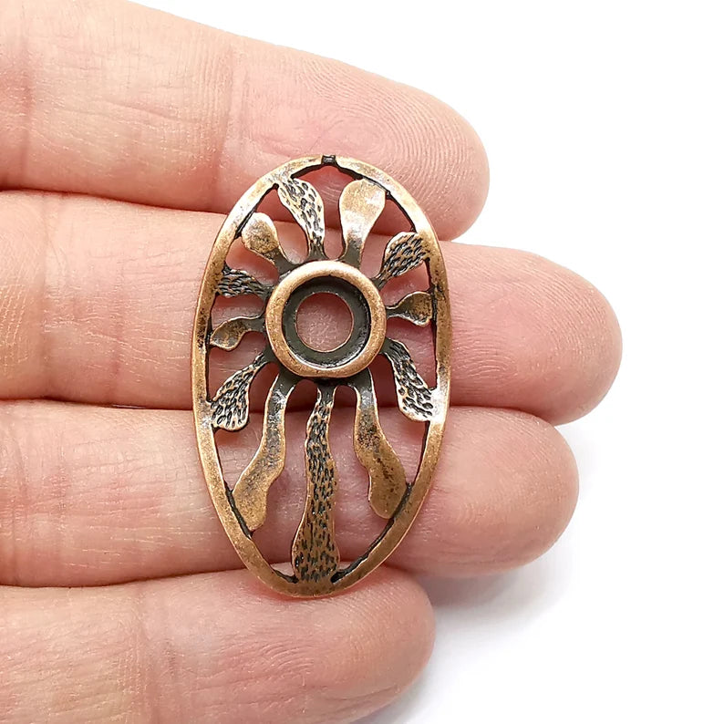 Copper Sun Charms, Oval Baroque Charms, Ethnic Earring Charms, Copper Rustic Pendant, Necklace Parts, Antique Copper Plated 41x24mm G35336