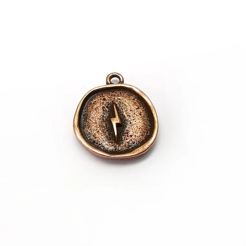2 Lightning Charm, Thunder Charm, Disc Charm, Round Pendant, Earring Charms, Antique Copper Plated (20x17mm) G35337
