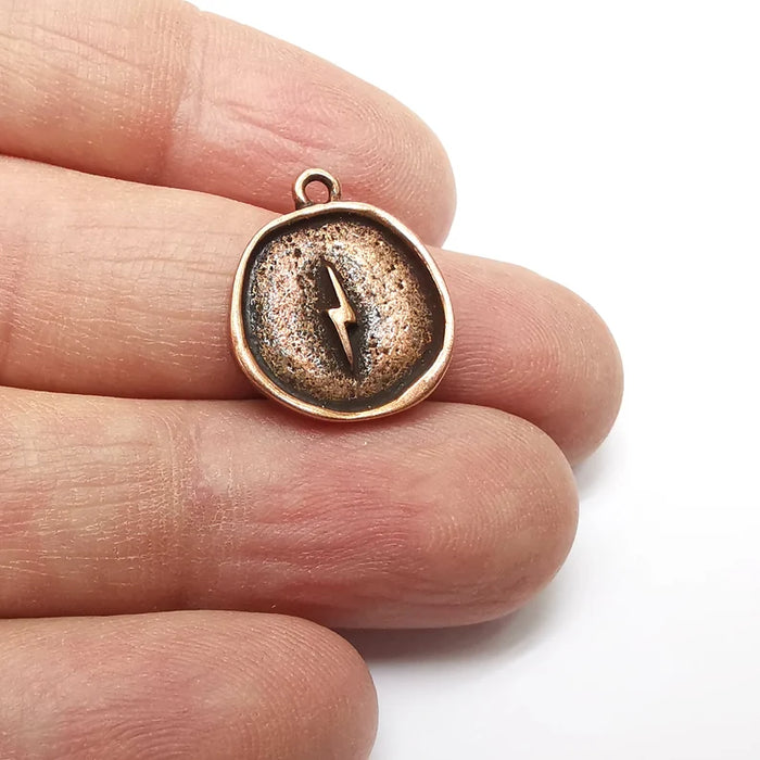 2 Lightning Charm, Thunder Charm, Disc Charm, Round Pendant, Earring Charms, Antique Copper Plated (20x17mm) G35337