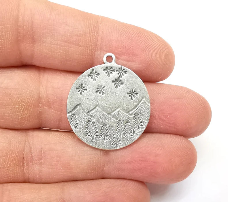 Landscape Charm, Winter Charm, Snowflake Charm,Tree Mountain Charm, Forest Pendant, Earring Charms, Antique Silver Plated (29x26mm) G35158