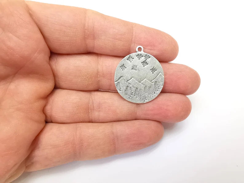 Landscape Charm, Winter Charm, Snowflake Charm,Tree Mountain Charm, Forest Pendant, Earring Charms, Antique Silver Plated (29x26mm) G35158