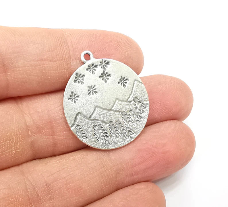 Landscape Charm, Winter Charm, Snowflake Charm,Tree Mountain Charm, Forest Pendant, Earring Charms, Antique Silver Plated (29x26mm) G35158