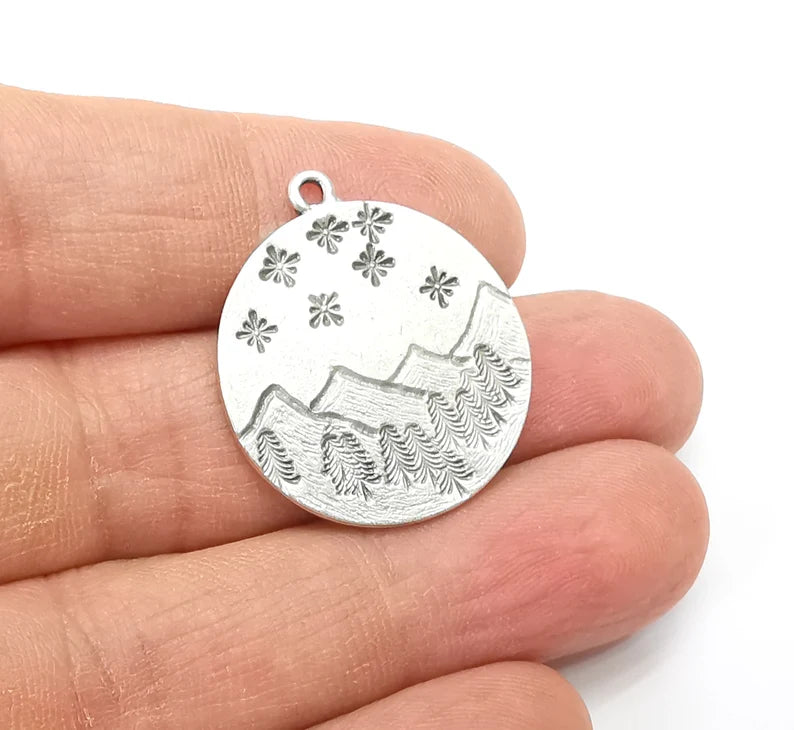 Landscape Charm, Winter Charm, Snowflake Charm,Tree Mountain Charm, Forest Pendant, Earring Charms, Antique Silver Plated (29x26mm) G35158