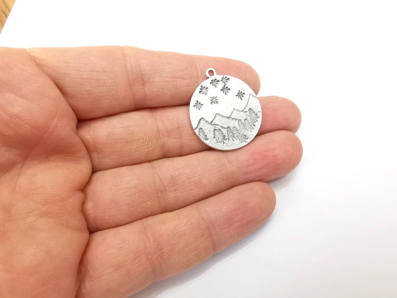 Landscape Charm, Winter Charm, Snowflake Charm,Tree Mountain Charm, Forest Pendant, Earring Charms, Antique Silver Plated (29x26mm) G35158