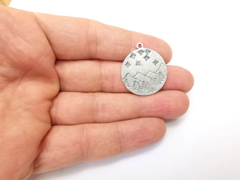 Landscape Charm, Winter Charm, Snowflake Charm,Tree Mountain Charm, Forest Pendant, Earring Charms, Antique Silver Plated (29x26mm) G35158