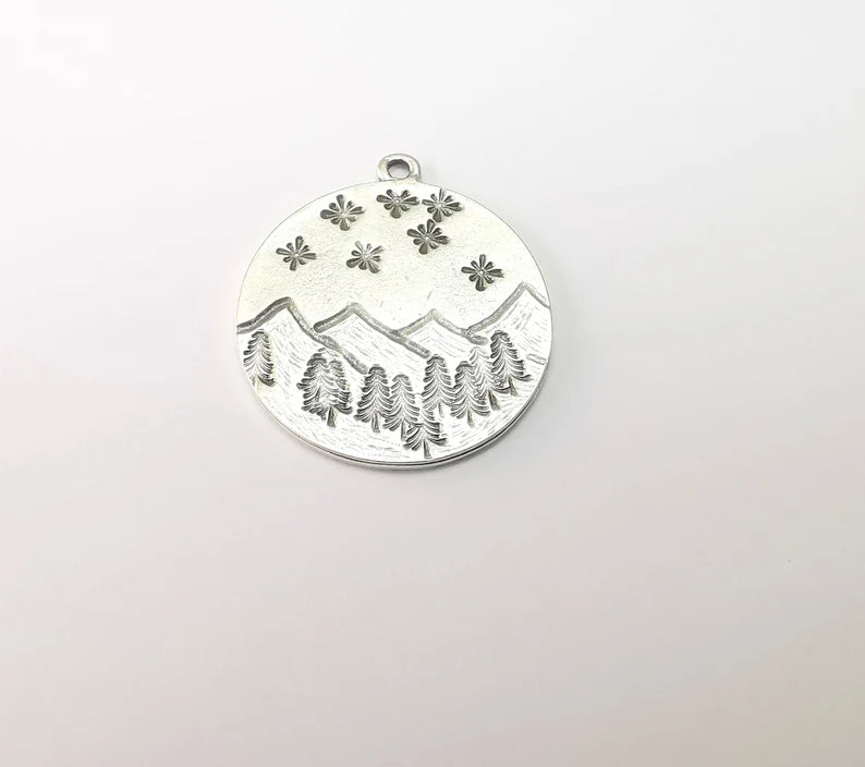 Landscape Charm, Winter Charm, Snowflake Charm,Tree Mountain Charm, Forest Pendant, Earring Charms, Antique Silver Plated (29x26mm) G35158