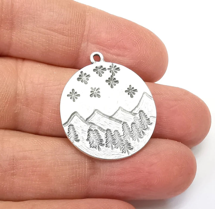 Landscape Charm, Winter Charm, Snowflake Charm,Tree Mountain Charm, Forest Pendant, Earring Charms, Antique Silver Plated (29x26mm) G35158