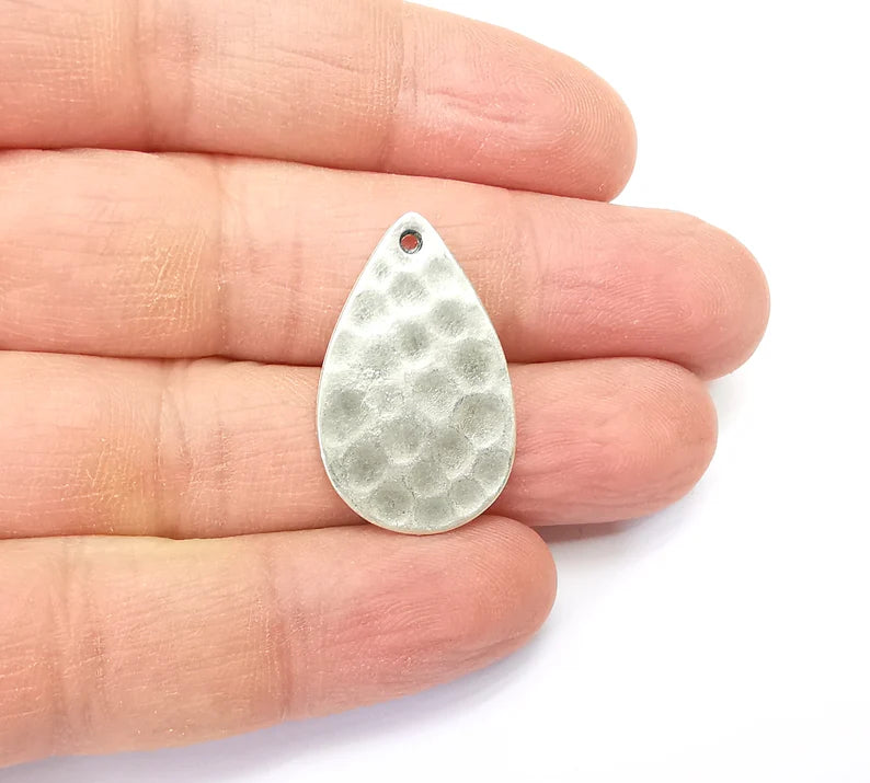 2 Hammered Drop Charms, Boho Charms, Dangle Charm, DIY Charms, Earring Charm, Teardrop Necklace Parts, Antique Silver Plated 29x18mm G35159