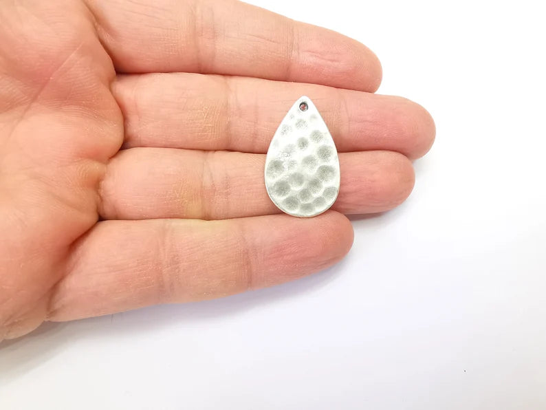 2 Hammered Drop Charms, Boho Charms, Dangle Charm, DIY Charms, Earring Charm, Teardrop Necklace Parts, Antique Silver Plated 29x18mm G35159