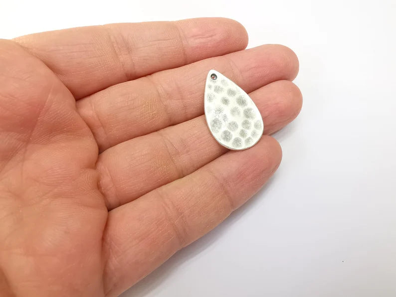 2 Hammered Drop Charms, Boho Charms, Dangle Charm, DIY Charms, Earring Charm, Teardrop Necklace Parts, Antique Silver Plated 29x18mm G35159