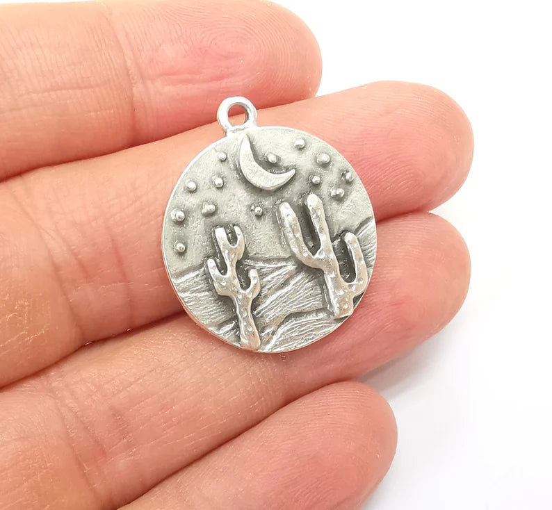 Desert Charms, Cactus Charm, Dune Charm, Desert Night Charms, Crescent Star Charms, Earring Parts, Antique Silver Plated 28x25mm G35161