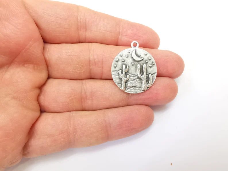 Desert Charms, Cactus Charm, Dune Charm, Desert Night Charms, Crescent Star Charms, Earring Parts, Antique Silver Plated 28x25mm G35161