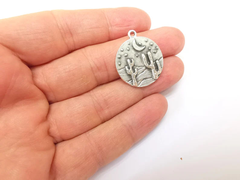 Desert Charms, Cactus Charm, Dune Charm, Desert Night Charms, Crescent Star Charms, Earring Parts, Antique Silver Plated 28x25mm G35161