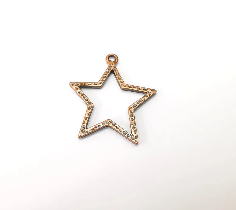 2 Copper Star Charms, Boho Charms, Dangle Charms, Earring Charms, Rustic Charms, Necklace Parts, Antique Copper Plated 35x31mm G35338