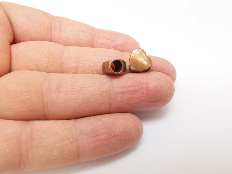 5 Heart Beads, Copper Beads, Metal Beads, Bracelet Beads, Large Hole Beads, Necklace Beads, Antique Copper Plated Metal 10mm G35351