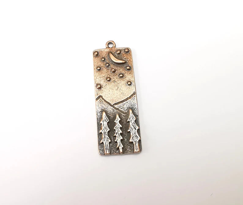 Landscape Charms, Moon and Star, Night Sky, Tree Mountain Charms, Forest Pendant, Earring Charms, Antique Copper Plated (43x14mm) G35357