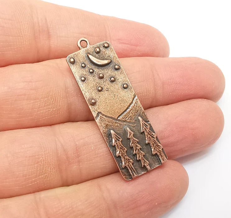 Landscape Charms, Moon and Star, Night Sky, Tree Mountain Charms, Forest Pendant, Earring Charms, Antique Copper Plated (43x14mm) G35357