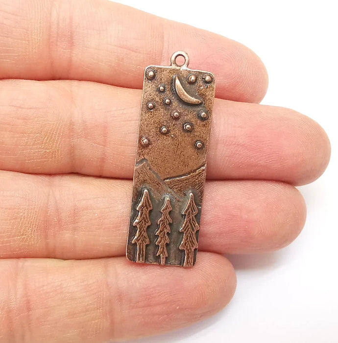 Landscape Charms, Moon and Star, Night Sky, Tree Mountain Charms, Forest Pendant, Earring Charms, Antique Copper Plated (43x14mm) G35357