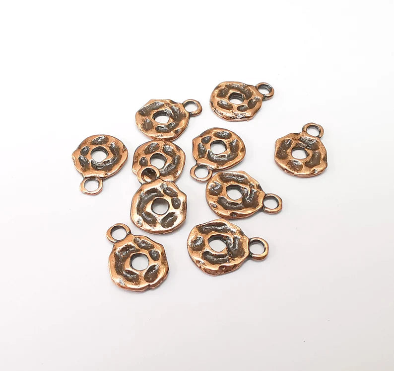 10 Round Hammered Charms, Boho Charms, Baroque Charms, Ethnic Earring Charm, Rustic Charm, Necklace Parts, Antique Copper Plated 13x10mm G35358
