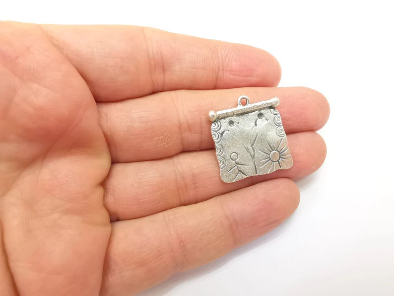 Silver Dangle Charms, Boho Sun Charms, Rustic Charms, Earring Charms, Silver Pendant, Necklace Parts, Antique Silver Plated 26x25mm G35174