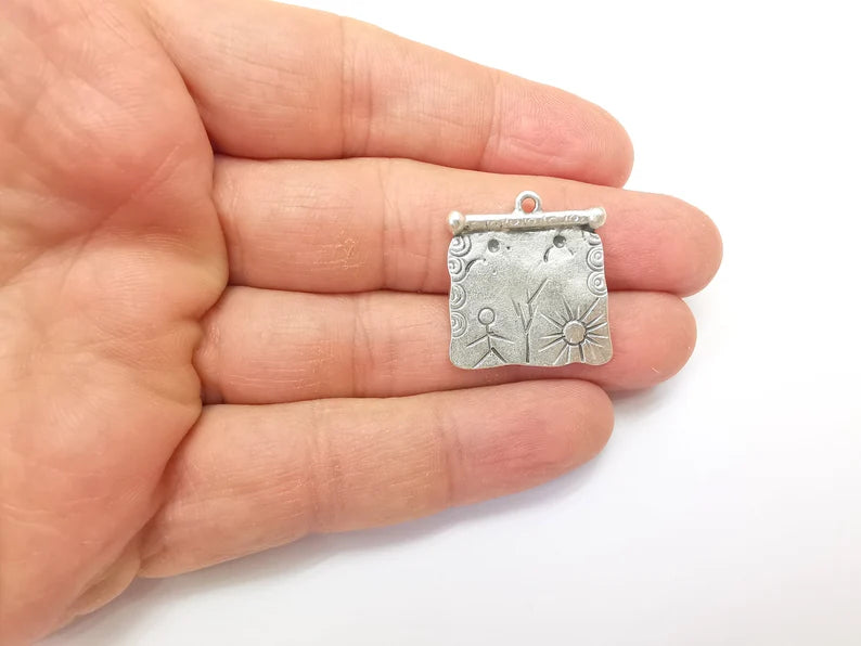 Silver Dangle Charms, Boho Sun Charms, Rustic Charms, Earring Charms, Silver Pendant, Necklace Parts, Antique Silver Plated 26x25mm G35174