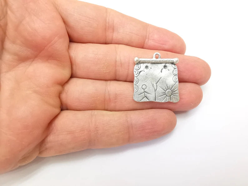 Silver Dangle Charms, Boho Sun Charms, Rustic Charms, Earring Charms, Silver Pendant, Necklace Parts, Antique Silver Plated 26x25mm G35174