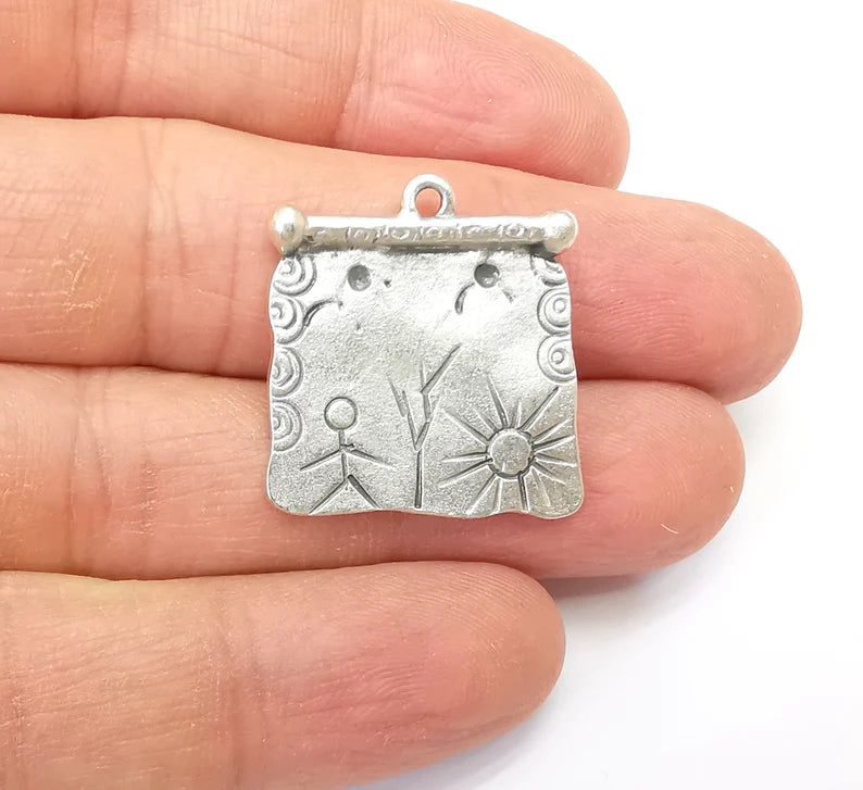 Silver Dangle Charms, Boho Sun Charms, Rustic Charms, Earring Charms, Silver Pendant, Necklace Parts, Antique Silver Plated 26x25mm G35174