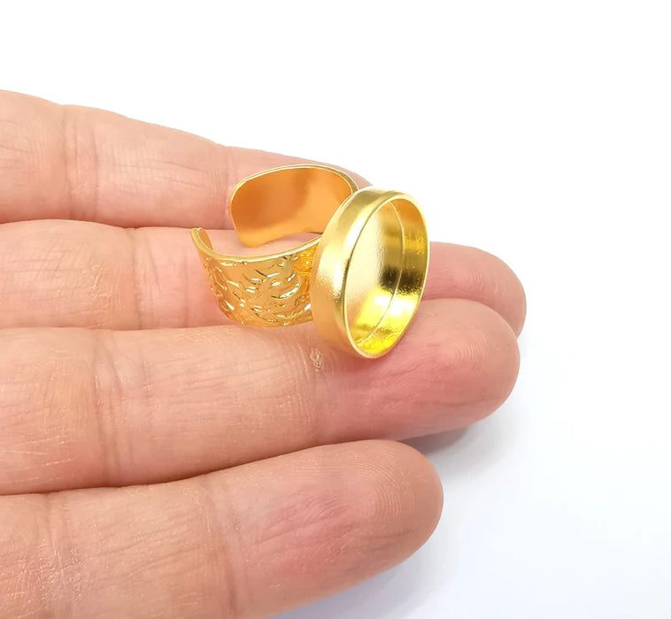 Gold Ring Setting, Cabochon Blank, Resin Bezel, Round Ring Mounting, Epoxy Frame Base, Adjustable Antique Gold Plated 18mm blank G35176