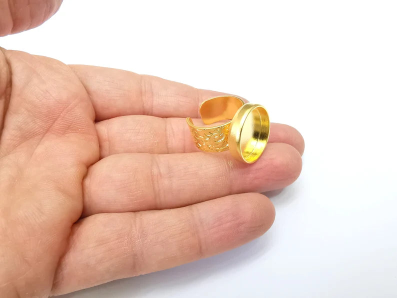 Gold Ring Setting, Cabochon Blank, Resin Bezel, Round Ring Mounting, Epoxy Frame Base, Adjustable Antique Gold Plated 18mm blank G35176