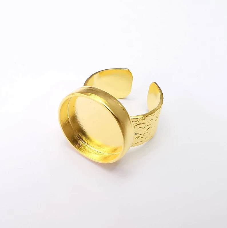 Gold Ring Setting, Cabochon Blank, Resin Bezel, Round Ring Mounting, Epoxy Frame Base, Adjustable Antique Gold Plated 18mm blank G35176