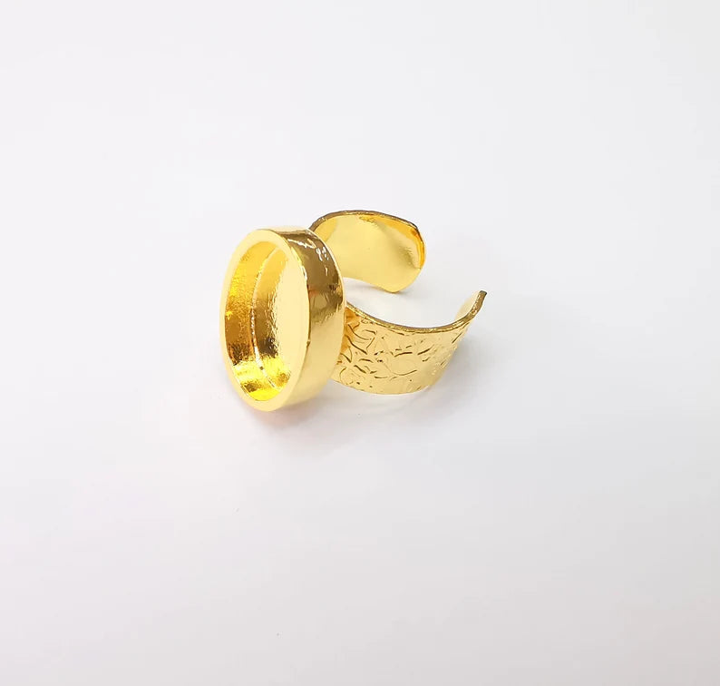 Shiny Gold Ring Setting, Cabochon Blank, Resin Bezel, Oval Ring Mounting, Epoxy Frame Base, Adjustable Antique Gold Plated 18x13mm G35178