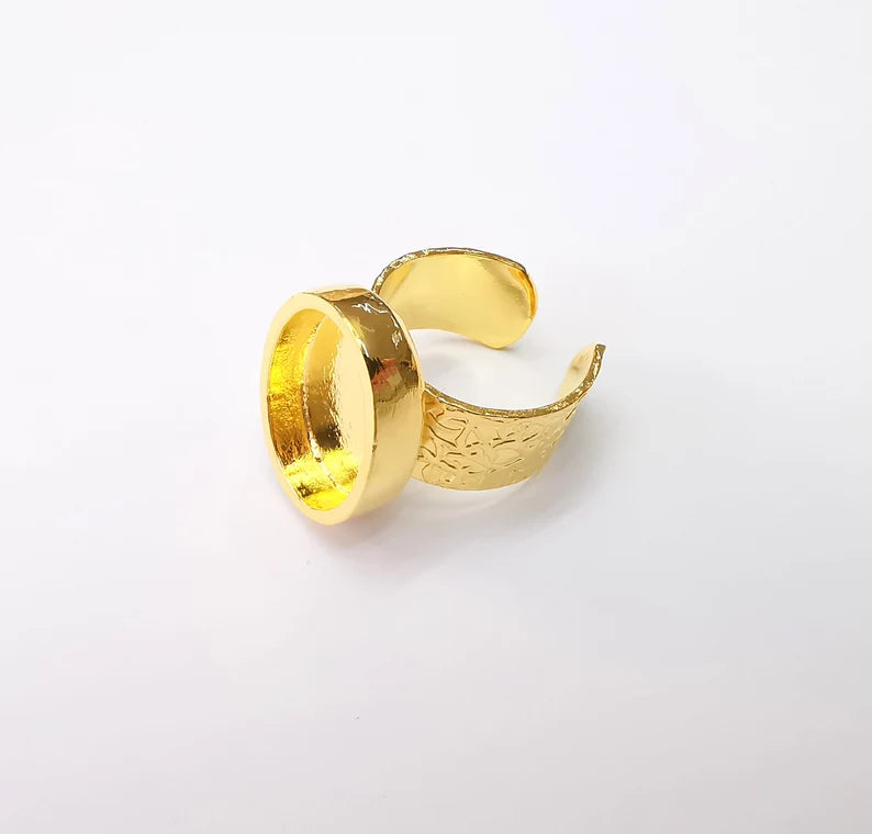 Shiny Gold Ring Setting, Cabochon Blank, Resin Bezel, Oval Ring Mounting, Epoxy Frame Base, Adjustable Antique Gold Plated 18x13mm G35178
